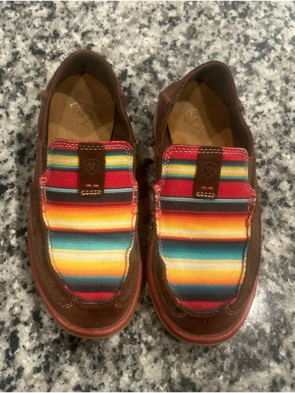ARIAT Kids Cruiser Slip-on Shoes with Colorful Serape Stripe - Brown. Size 1